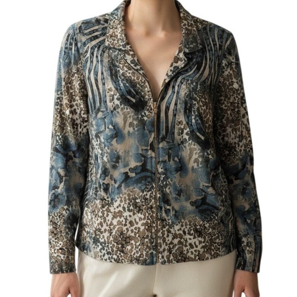 Misook Vintage Animal Print Zip Front Jacket Blazer Stretch Medium - Picture 9 of 9